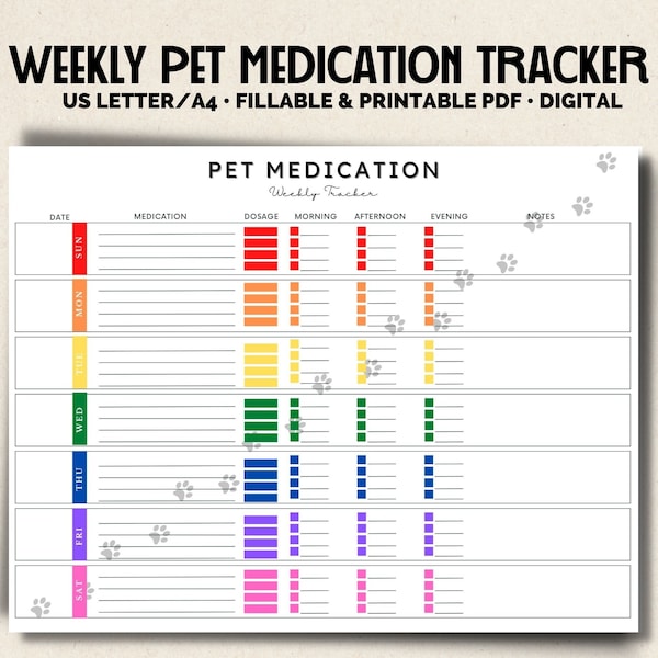 Pet Medication Fillable Printable & Digital Tracker Chart Pages - Pet Medication Log - Medication Tracker - Pet Planner - Organizer