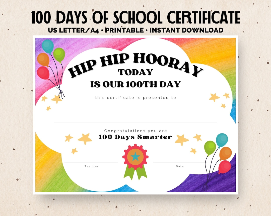 100-days-of-school-certificate-hip-hip-hooray-100-days-of-school-100th-day-of-school-activity-certificate-homeschool-printable-page-etsy