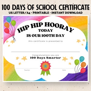 Certificado de 100 días de escuela - Hip Hip Hurra 100 días de escuela - Certificado de actividad del día 100 de escuela - Página imprimible de educación en el hogar