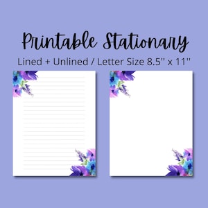 Purple Watercolor Flowers Printable Stationery 8.5x11 Printable Paper, Instant Download, Digital Lined Paper, Writing Paper, Note Paper