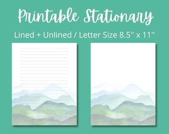 writing paper for letters Green Watercolor Mountains Stationery 8.5x11 Printable Paper, Instant Download, Lined Paper, Writing Paper, Note Paper for Letters