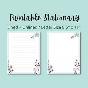 Gray Red Blue Flowers Printable Stationery 8.5x11 Printable Paper, Instant Download, Lined Paper, Writing Paper, Note Paper for Letters