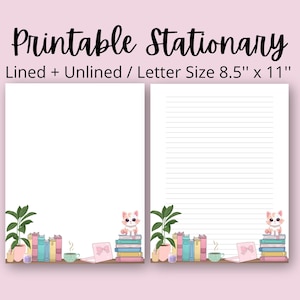 Bookish Printable Stationery 8.5x11 Printable, Instant, Digital Lined Paper, Writing Paper, Note Paper, Cute Cat Pink, Blue and Yellow 001