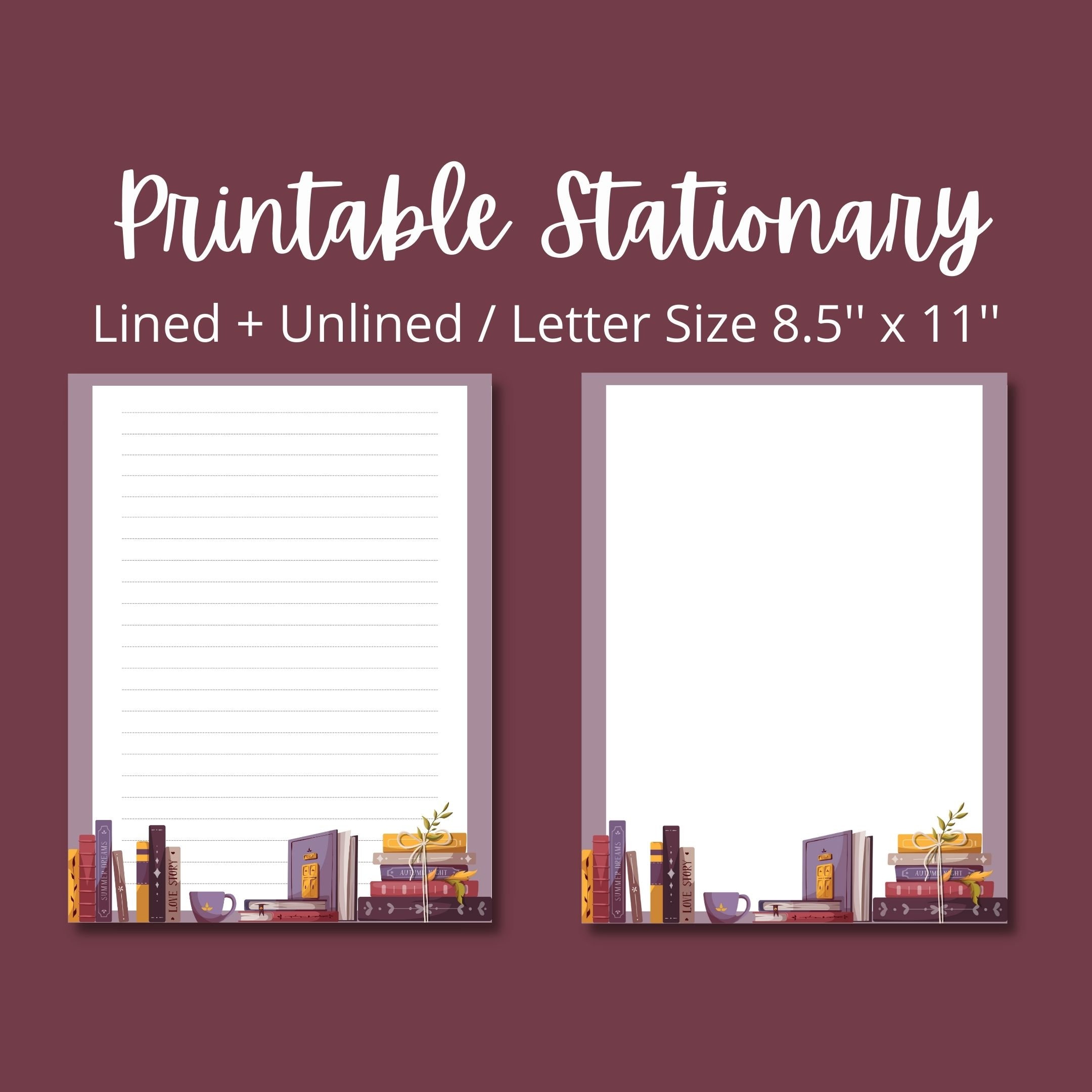 Bookish Stationery 8.5x11 Printable Paper, Instant Download, Digital ...