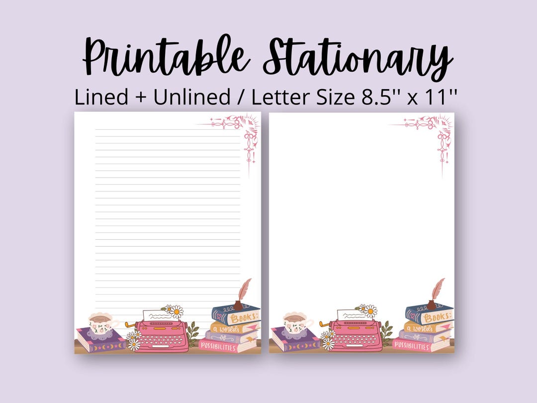 Bookish Printable Stationery 8.5x11 Printable, Instant, Digital Lined ...