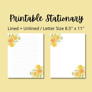 Yellow Flowers Printable Stationery 8.5x11 Printable Paper, Instant Download, Digital Lined Paper, Writing Paper, Note Paper for Letters