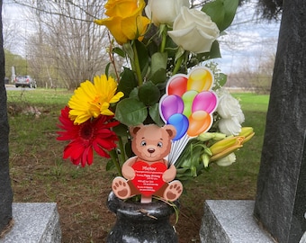 Teddy Bear Holding Balloons & Heart Cemetery Stake / Garden Decoration / Grave Decoration / Child Memorial