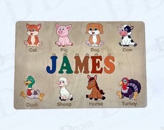 Custom Name Puzzle with Animals, Personalized Toy Gift, Custom Wooden Baby Present, Baby Keepsake, Early Childhood Education, Learning