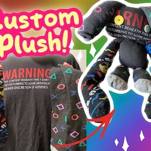 May include: A custom plush toy made from colorful socks. The toy is shaped like a dog with a black body and colorful socks for legs. The toy has a button nose and a warning label on its chest that reads "WARNING: THE CONTENT BENEATH THIS T SHIRT MAY BE DISTURBING TO SOME INDIVIDUALS. VIEWER DISCRETION IS ADVISED."