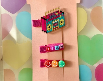 Boom Box Stereo Hair Clip Set! cute kawaii bow, Decora hair clips