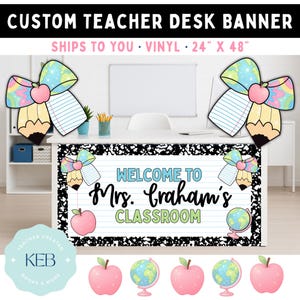 May include: Custom teacher desk banner with the text "WELCOME TO Mrs. Graham's CLASSROOM". The banner is white with a black border and features pencil and apple graphics. The banner is 61cm x 122cm.
