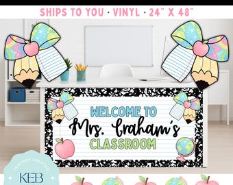 Personalized Classroom Banner | Teacher Name Sign Desk Decor | Composition Pencil Bow | Vinyl 24 x 48