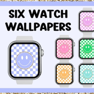 Peut inclure: Six designs différents de cadran de montre avec un fond à carreaux et un smiley de différentes couleurs. Les couleurs incluent le rose, le vert, le bleu, l'orange et le turquoise.