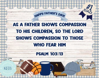 May include: A Father's Day themed graphic with the text "Happy Father's Day!" and a Bible verse. The image includes illustrations of sports equipment, a coffee mug, a toolbox, and a baseball cap. The background has a blue and white checkered pattern.
