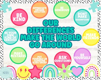Op de afbeelding: Een kleurrijke poster voor in de klas met de tekst "Onze verschillen maken de wereld rond". De poster bevat verschillende ronde afbeeldingen met positieve boodschappen, zoals "Wees aardig", "Maak vrienden" en "Stel vragen".