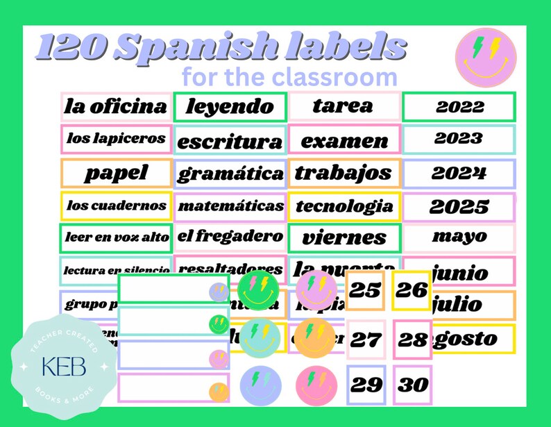 120 Bright Spanish Labels for the Classroom - Etsy