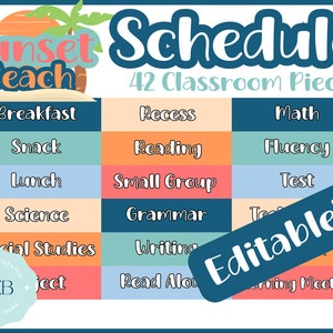 May include: A colorful classroom schedule with a beach theme. The schedule includes subjects like breakfast, recess, math, reading, small group, science, grammar, social studies, writing, read aloud, and morning meeting. The schedule is editable and includes 42 classroom pieces.