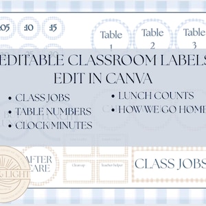 May include: Editable classroom labels with a blue and white gingham pattern. The labels include text for class jobs, table numbers, clock minutes, lunch counts, and how we go home. The text "Edit in Canva" is also included.