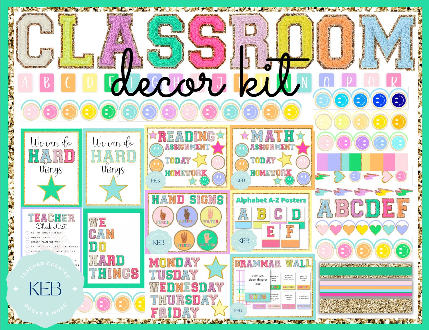Bright Varsity Glitter Classroom Decor Kit Bundle