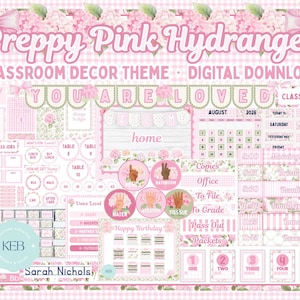 May include: A digital classroom decor set featuring a pink hydrangea theme with gingham patterns. Includes banners reading YOU ARE LOVED, a calendar for August 2026, class job labels, voice level charts, and various organizational signs in pink and green.