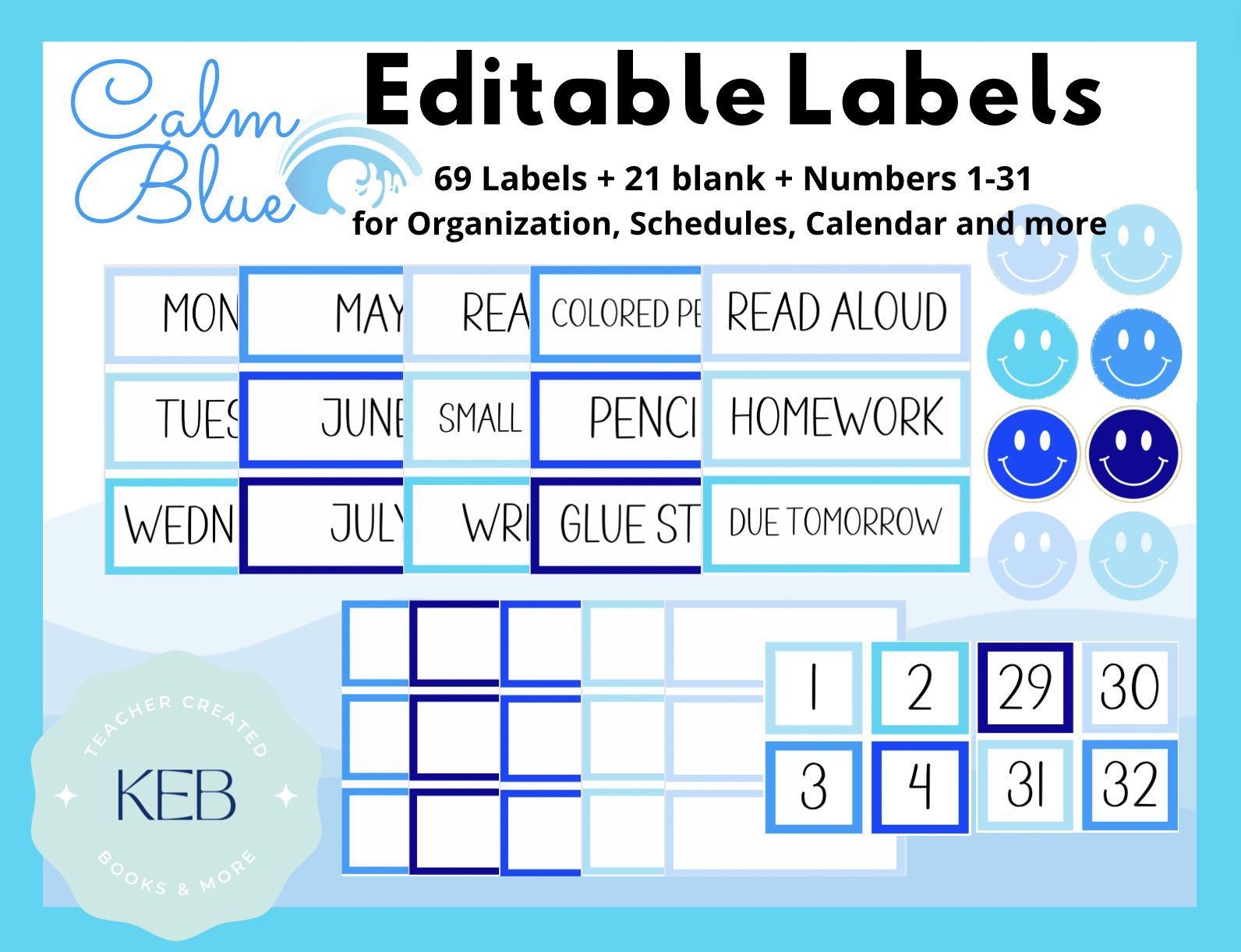 121 Editable Calm Blue Classroom Labels for Everything & Calendar Flip Chart