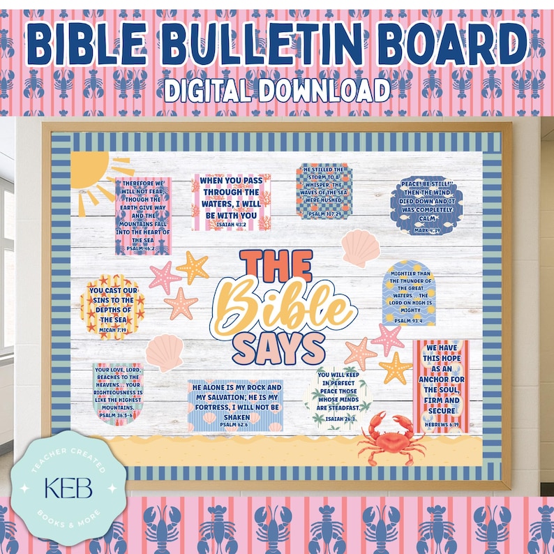 Seashell Scriptures The Bible Says Beach Bulletin Board Kit | Ocean Theme Christian ...