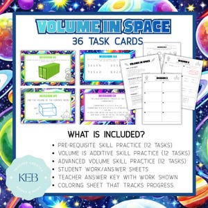 May include: A set of educational task cards titled "Volume in Space" with 36 cards. The cards feature colorful illustrations and math problems related to volume, with text that reads "What is Included?" and lists the contents.
