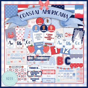 Könnte beinhalten: Ein digitales Klassenzimmer-Dekorationsset mit dem Titel Coastal Americana mit rot-weiß-blauen Mustern, Ankermotiven, Erdbeeren und nautischen Elementen. Enthält Alphabet-Banner, einen Februar-Kalender, Tagesablaufkarten und Grammatikposter.
