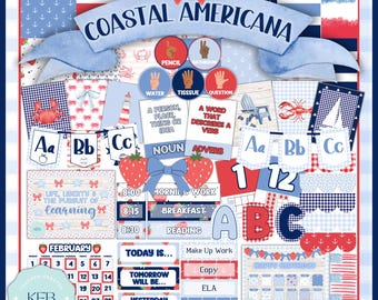 May include: A digital classroom decor set titled Coastal Americana featuring red, white, and blue patterns, anchor motifs, strawberries, and nautical elements. Includes alphabet banners, a February calendar, daily schedule cards, and grammar posters.
