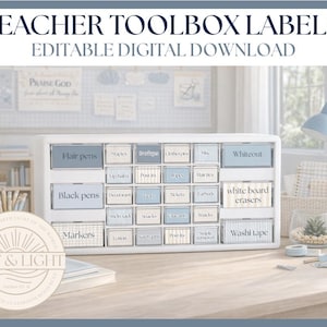 Editable Teacher Toolbox Labels | Canva Template | Neutral Blue Classroom Decor | Teacher Organization Labels | Salt and Light Classroom