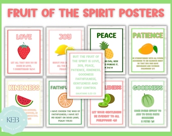 Puede incluir: Nueve carteles coloridos con ilustraciones de frutas y versículos bíblicos sobre el fruto del espíritu. Los carteles presentan las palabras: Amor, Gozo, Paz, Paciencia, Bondad, Fidelidad, Mansedumbre, Benignidad y Templanza.