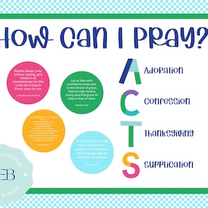 Pode incluir: Um cartaz verde e branco imprimível com o título "How can I PRAY?" e a palavra "ACTS" em letras grandes e coloridas. As letras representam Adoração, Confissão, Ação de Graças e Suplicação. Cada letra é emparelhada com um versículo bíblico sobre oração.