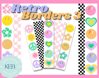 May include: Five printable retro border designs featuring a variety of colourful patterns and icons, including peace signs, flowers, smiley faces, hearts, and lightning bolts. The text "Retro Borders 3" is at the top of the image.