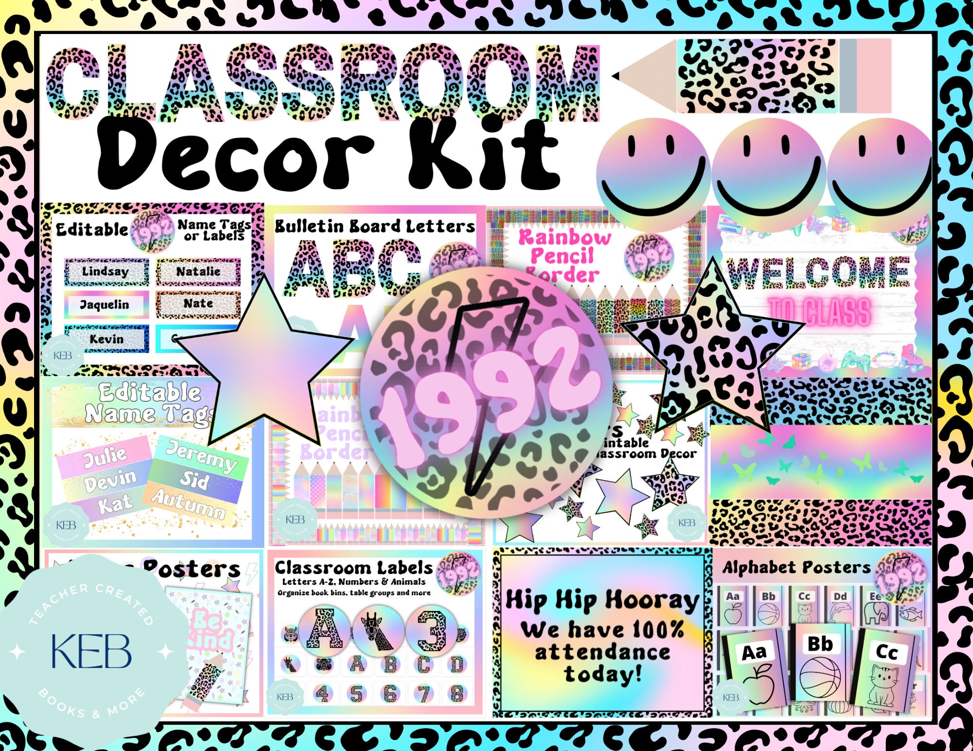 1992 Retro Rainbow Cheetah Klassenzimmer Dekor Paket mit 12 Produkten enthalten