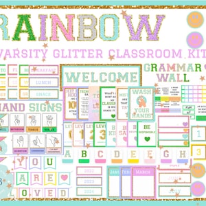 Kit completo de decoración para el aula con tema universitario de arcoíris