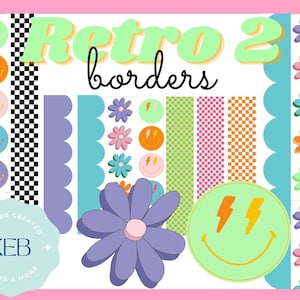 May include: Retro 2 borders digital clipart set featuring a variety of colorful borders, including checkered, scalloped, and floral designs. The set also includes smiley faces with lightning bolts and daisies.