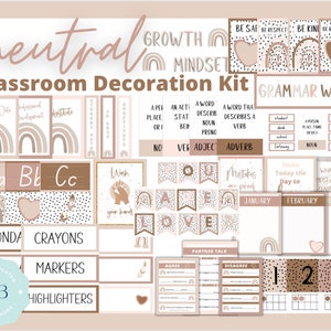 May include: A classroom decoration kit with a neutral color scheme featuring rainbows, hearts, and black and white polka dots. The kit includes labels for classroom supplies, a grammar wall, and a growth mindset poster.