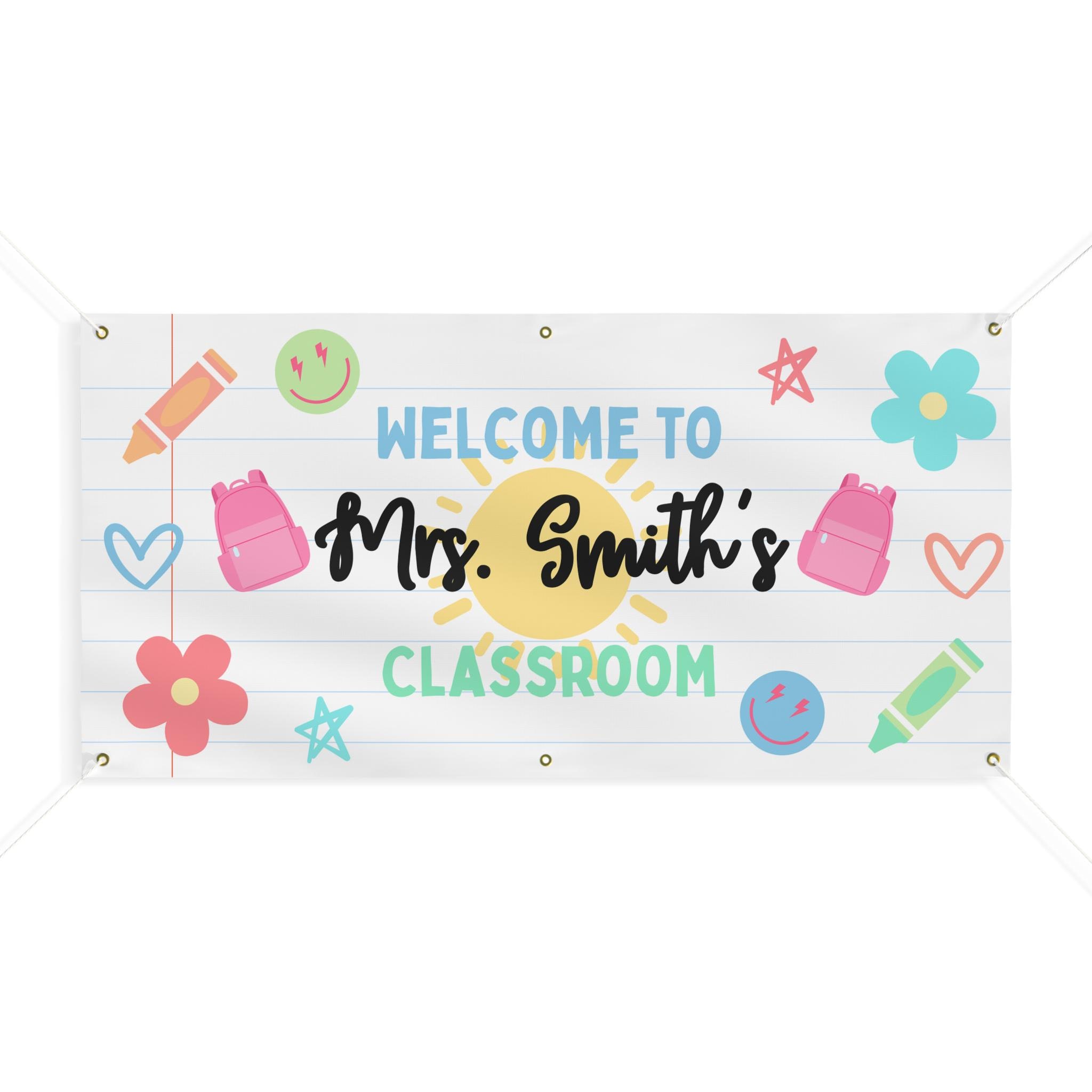 Colorful Teacher Desk Banner Personalized Classroom Welcome Sign 24x48 Vinyl with Grommets Fun Back-to-School Decor for Teachers