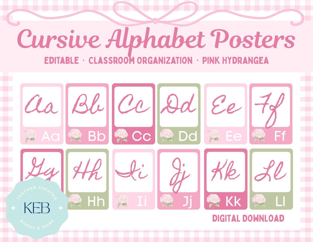 Pink Hydrangea Cursive Alphabet Posters | Editable Canva Classroom ...
