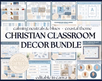 May include: A digital Christian classroom decor bundle featuring posters, nametags, and labels in blue and neutral tones. Text includes "CHRISTIAN CLASSROOM DECOR BUNDLE," "HEBREWS 11 POSTERS," "COUNTING POSTERS," "DECIMAL PLACE VALUE," and "SALT & LIGHT."