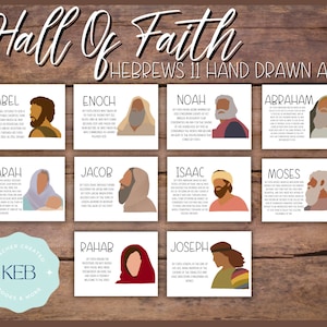 May include: Twelve rectangular art prints featuring illustrations of biblical figures, each with accompanying text, arranged on a wooden surface. The text at the top reads "Hall Of Faith Hebrews 11 Hand Drawn Art."