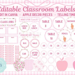 Editable Classroom Labels Pink Apple Decor | Class Jobs, Table Numbers, Hand Signals, Clock Labels & Organization Set