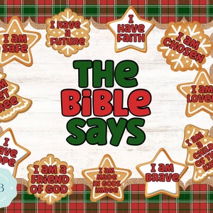 May include: A set of 10 gingerbread cookies decorated with Christmas-themed designs and inspirational messages. The cookies are arranged around the words "The Bible Says" in red and green letters. The background is a red and green plaid pattern.