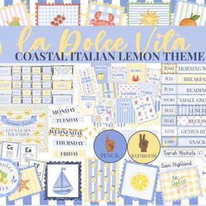 Paquete de decoración para el aula La Dolce Vita / Tema costero italiano de limones para maestros de primaria / Organización y exhibidores editables para escuelas