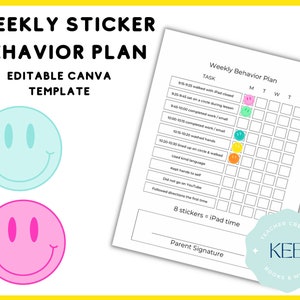 Puede incluir: Una plantilla imprimible de plan de comportamiento semanal con el texto "Weekly Sticker Behavior Plan" y "Editable Canva Template". El plan incluye una tabla con tareas y pegatinas de caritas sonrientes. Se muestran dos pegatinas de caritas sonrientes.