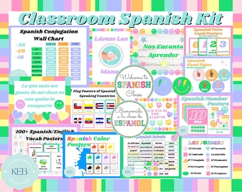 May include: A colorful classroom Spanish kit with posters, charts, and flashcards. The kit includes posters for Spanish conjugation, vocabulary, colors, numbers, and shapes. There are also posters with Spanish greetings, a welcome sign, and a flag poster of Spanish-speaking countries.