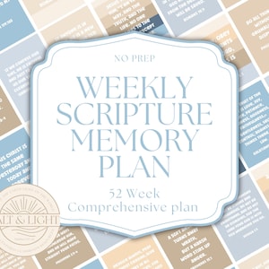 May include: A Weekly Scripture Memory Plan with a 52-week comprehensive plan. The design features a light blue and white color scheme with text and a logo. The text includes Bible verses and the words "Salt & Light."