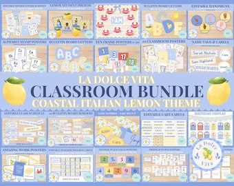 May include: A classroom bundle with a coastal Italian lemon theme. The image features various educational materials, including posters, labels, and bulletin board decorations. The design incorporates lemons and a light blue color scheme. The text "La Dolce Vita Classroom Bundle" is prominently displayed.