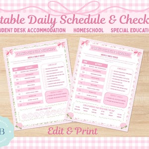 May include: Two printable pages of an Editable Daily Schedule & Checklist featuring a pink gingham border with floral accents. The documents include sections for a weekly Bible verse, time-based activities, a checklist, and weekly goals.