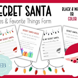 Puede incluir: Reglas y formulario imprimibles para Secret Santa con una linda ilustración de Santa Claus de dibujos animados. El formulario incluye una sección para que los estudiantes escriban sus nombres, cosas favoritas y preferencias de dulces. Las reglas establecen que los estudiantes sortearán nombres en clase y lo mantendrán en secreto. El regalo debe estar envuelto y costar € 5 o menos. Los estudiantes deben escribir sus nombres en el regalo.